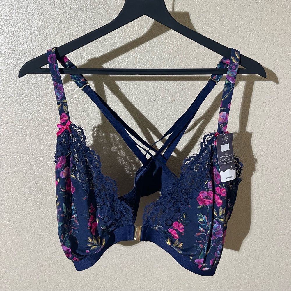 Cacique Navy and Pink Floral Lace Bralette